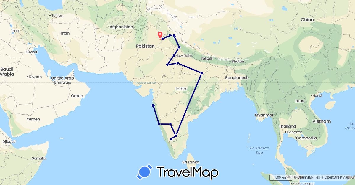 TravelMap itinerary: driving, hiking in India, Pakistan (Asia)